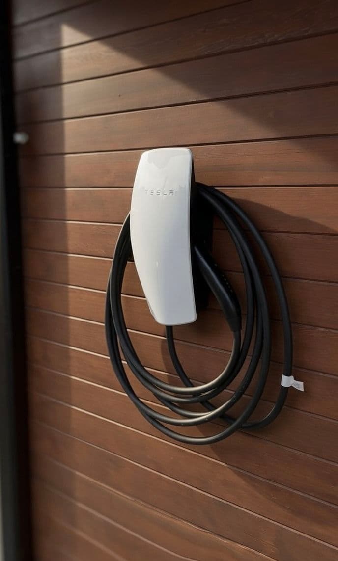 Tesla wall-mounted electric vehicle charger with coiled cable on wooden surface.
