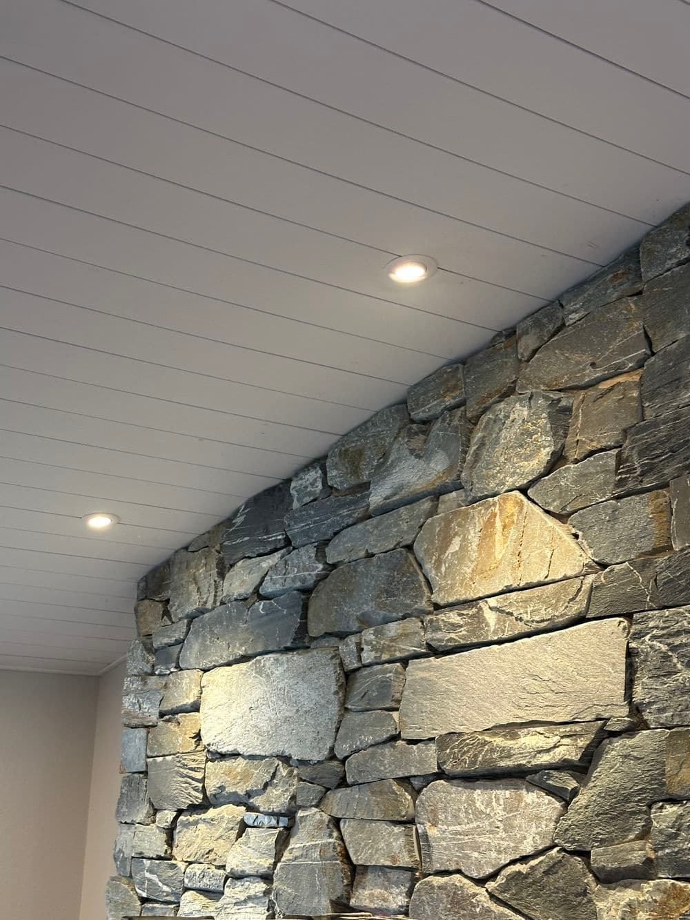 Modern interior featuring a stone wall with recessed lighting and a white ceiling.