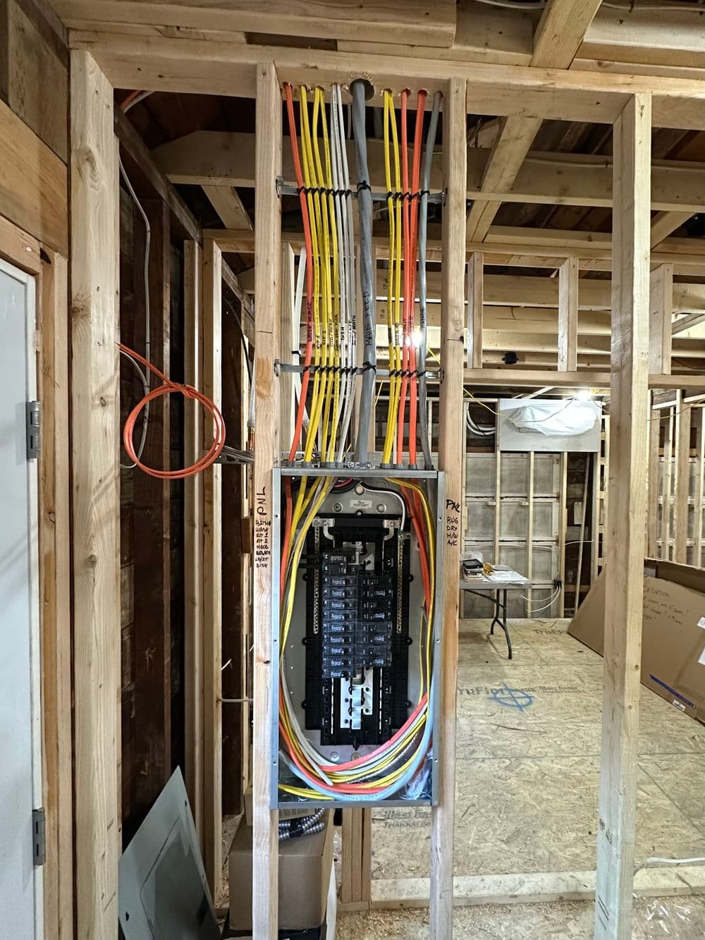 Electrical panel with colorful wiring in a framed construction space, showcasing installation details.
